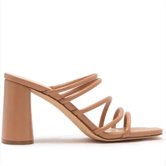 Nine West Getcha Heels 11 Tan NWOT Sandals Mules Strappy Block Heel 90s Y2K - Picture 2 of 8